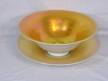 Good looking antique Steuben aurene and calcite large bowl and under plate