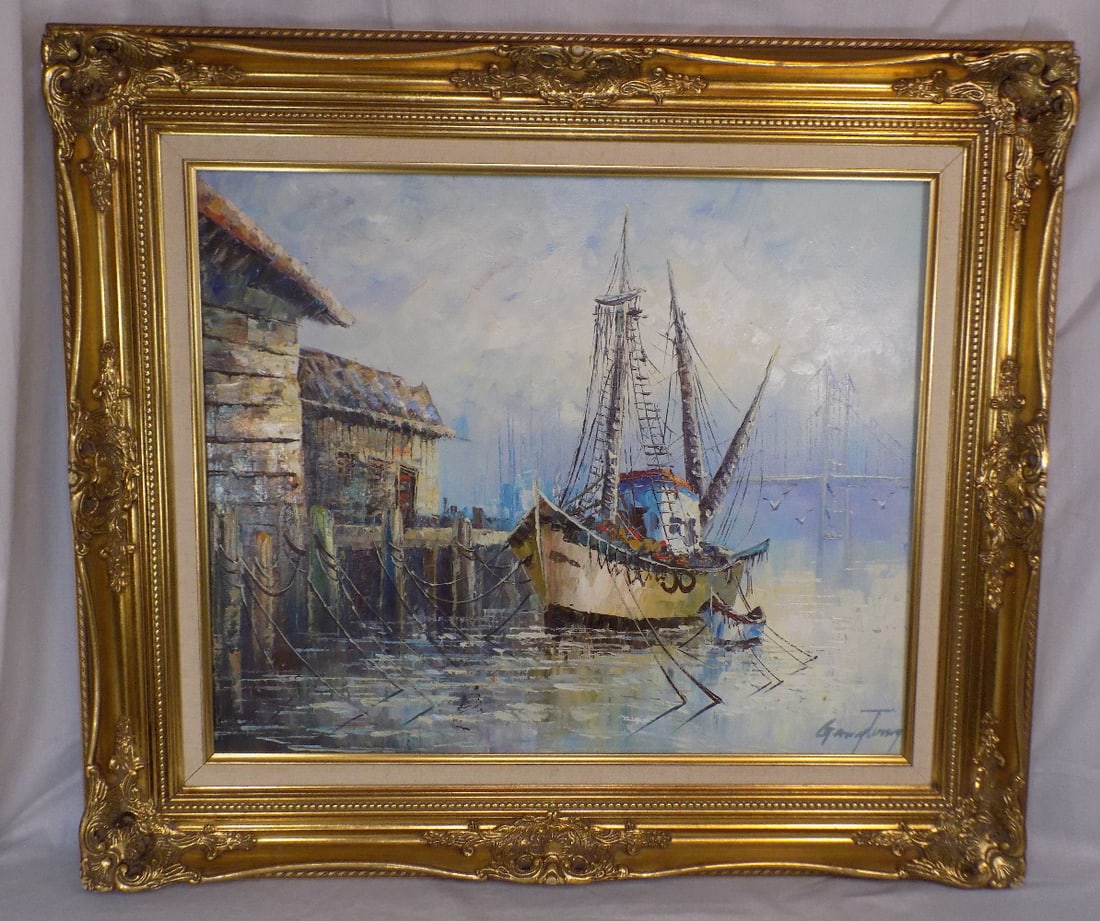 Wonderful signed oil painting of harbor scene (1 of 7)