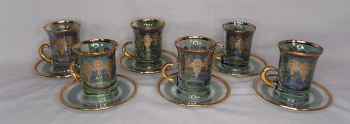 Set of six vintage Italian hand blown art glass Demitasse cups and saucers. 24K Gold Intergflass