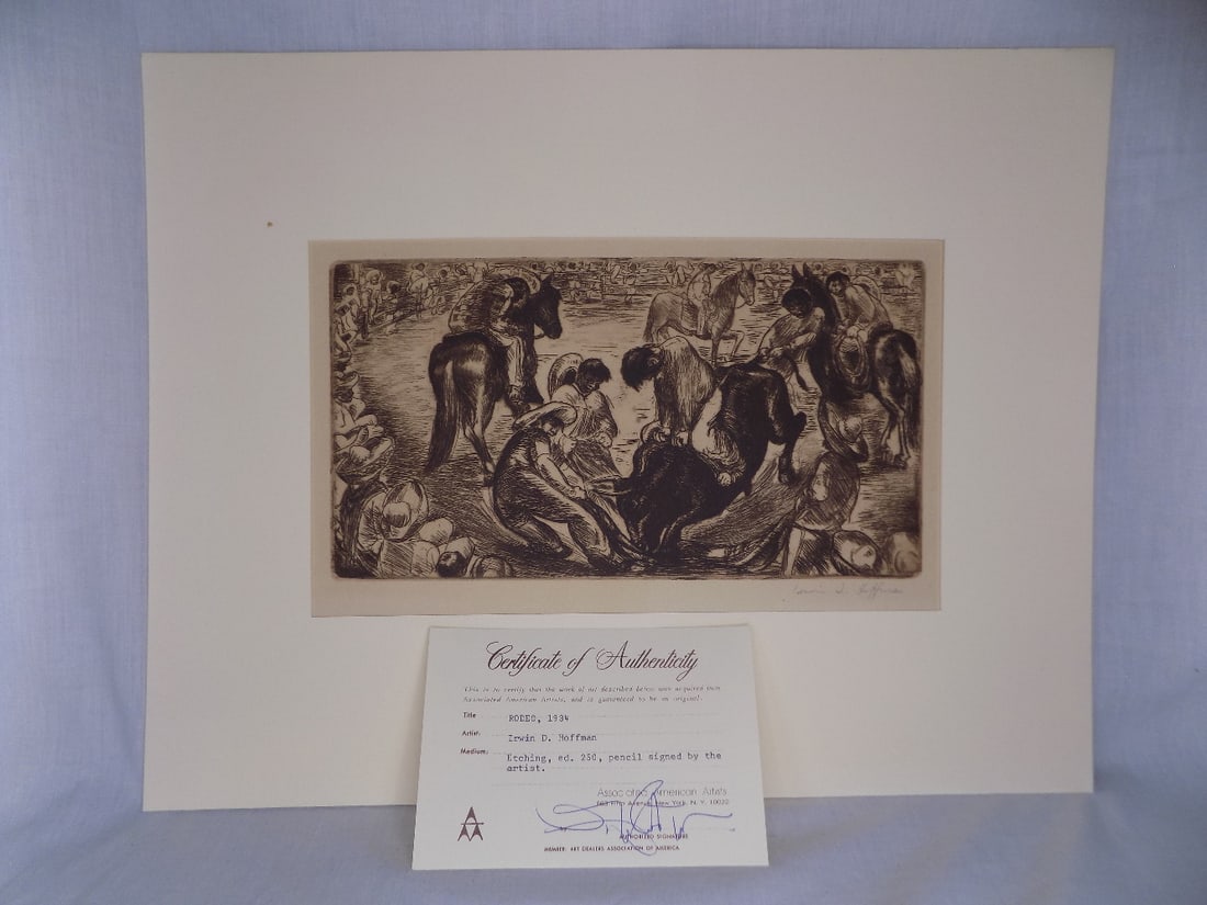 1934 etching pencil signed with certificate of authenticity. Irwin D Hoffman: 1934 etching pencil signed with certificate of authenticity. Irwin D Hoffman. Titled Rodeo. Great quality and detail. Measures 13 by 9 ¼