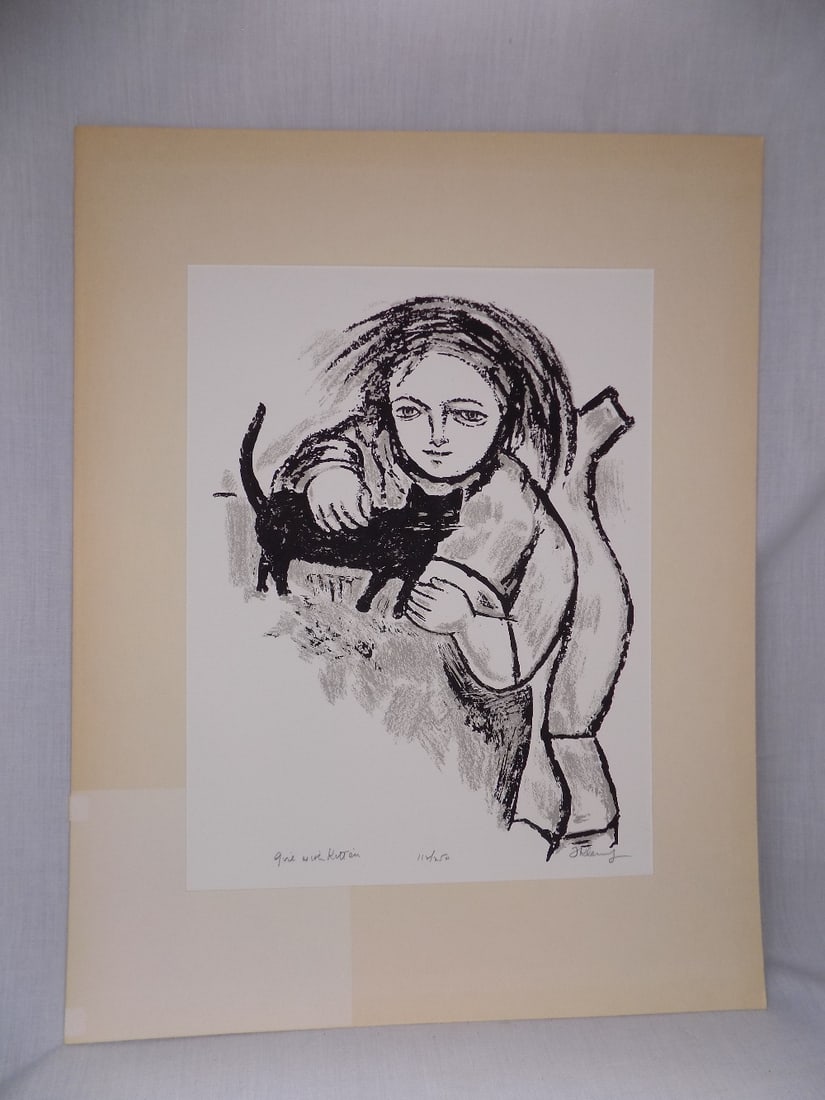 Lithograph serigraph 1943 artist signed Frank Klcinholz with certificate of authenticity: Lithograph serigraph 1943 artist signed Frank Klcinholz with certificate of authenticity. Girl with Kitten. 12 3/4 x 17 inches. Pencil signed.