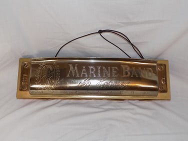 Large vintage Hohner Marine Band harmonica Advertising trade sign.