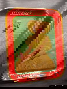 Antique Vintage Coca Cola 1938 Girl Advertising Serving Tray: Antique Vintage Coca Cola 1938 Girl Advertising Serving Tray. American Art Works Coschocton Ohio Beautiful colors. Great quality and detail. Has wear to border as shown in photos. 13 1/8 by 10 3/8