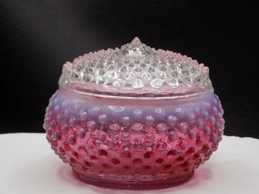 Vintage cranberry opalescent hobnail art glass covered jewelry box