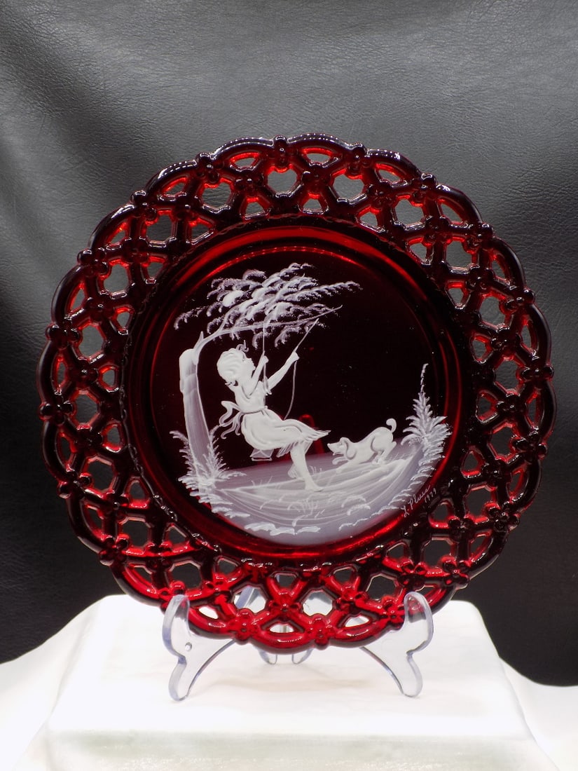 Vintage decorated art glass plate with enamel decorated with girl in swing and dog (1 of 6)
