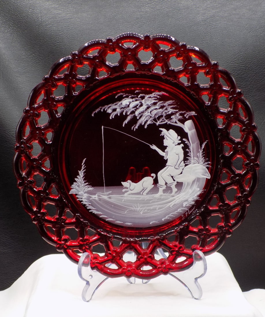 Vintage decorated art glass plate with enamel decorated with boy and dog fishing. (1 of 7)