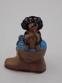 Vintage Bergman cold painted Vienna bronze of dachshund dog in boot.