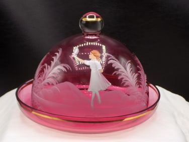 Beautiful vintage enamel decorated cranberry art glass butter or cheese dish