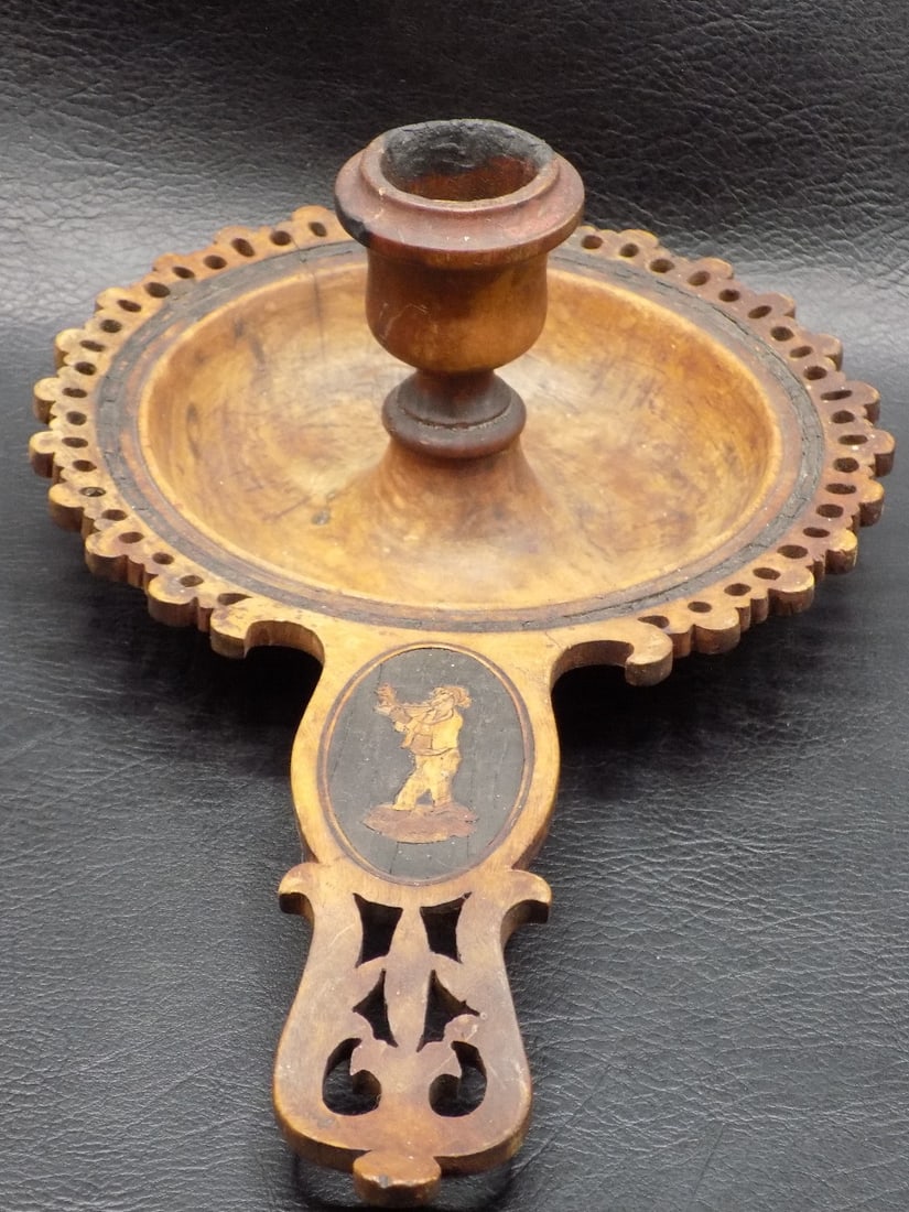 Unusual antique inlaid wood candlestick or chamber stick (1 of 9)