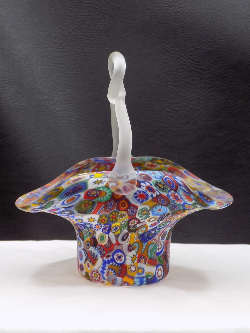 Very fine vintage millefiori art glass basket.: Very fine vintage millefiori art glass basket. Beautiful intricate millefiori with clear frosted applied handle. Great quality and detail. In very good original as found condition. 5 3/8 inches tall x