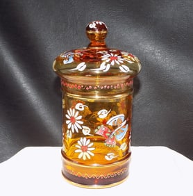 Vintage decorated  art glass covered jar