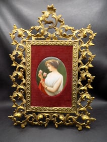 Magnificent antique artist signed Wagner porcelain plaque in elaborate brass frame
