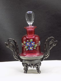 Fabulous rare antique art glass perfume bottle in James Tuft Boston holder.