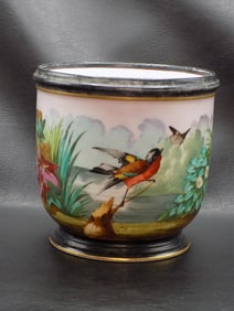 Pretty antique hand painted jardiniere with bird and butterfly.