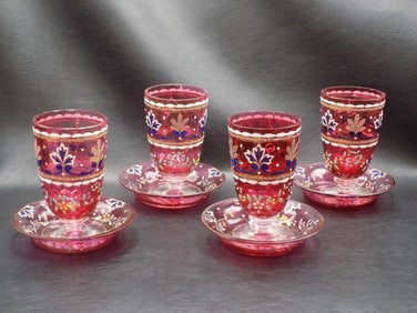 Lovely antique set of four Moser decorated art glass parfait -desert bowls with underplates