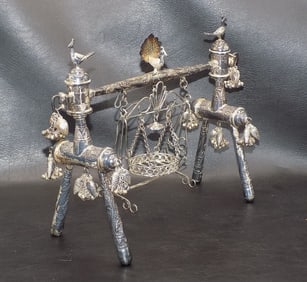 Fancy rare vintage silver centerpiece with swinging basket and birds