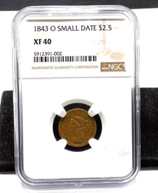 1843 2 ½ dollar gold coin. Graded XF by NGC