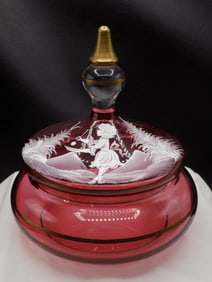 Pretty vintage decorated cranberry art glass covered bowl