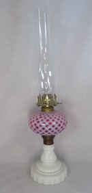 1800s Fenton cranberry opalescent diamond quilted coin spot oil lamp