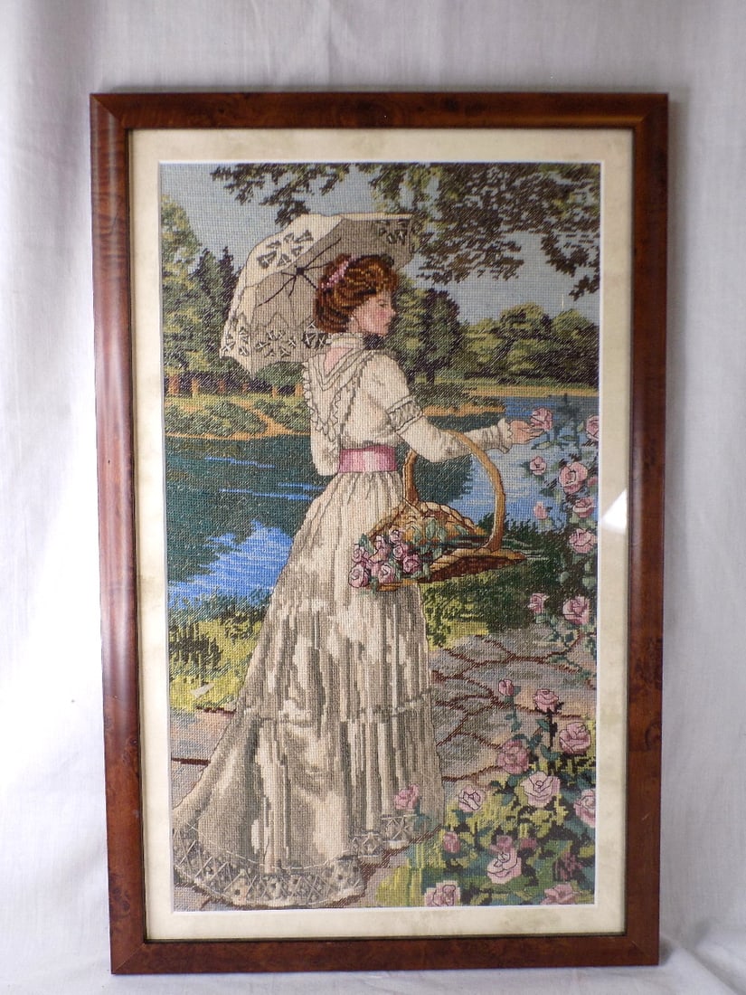 Beautiful vintage needlepoint picture of lady with umbrella. (1 of 9)