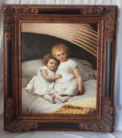 Charming vintage artist oil painting of two small girls. On canvas