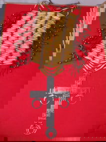 Great vintage Native American Indian breast plate with large decorated silver cross.