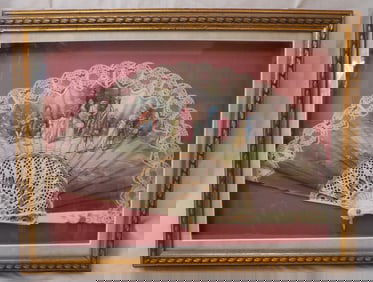 Exquisite vintage decorated folding fan in shadow box frame