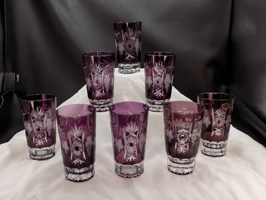 Beautiful vintage set of eight hand cut amethyst to clear crystal water glasses