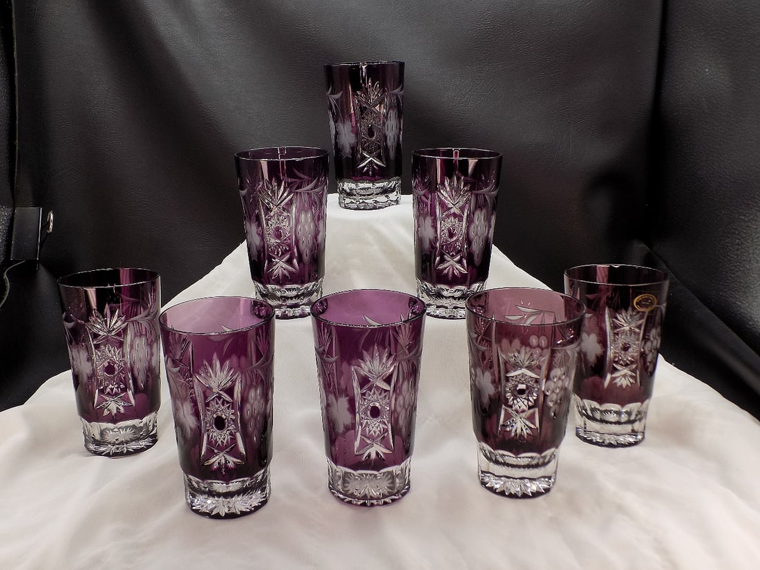 Beautiful vintage set of eight hand cut amethyst to clear crystal water glasses (1 of 6)