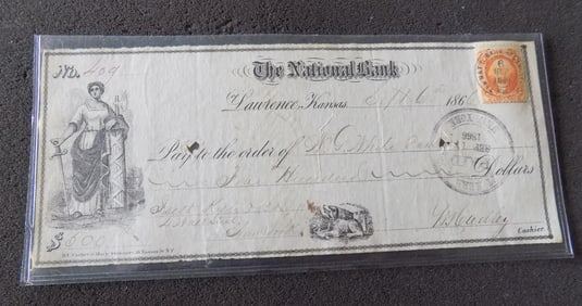 1866 The National Bank Lawrence Kansas $500. Check