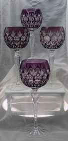 Beautiful vintage set of four hand cut amethyst to clear crystal wine glasses