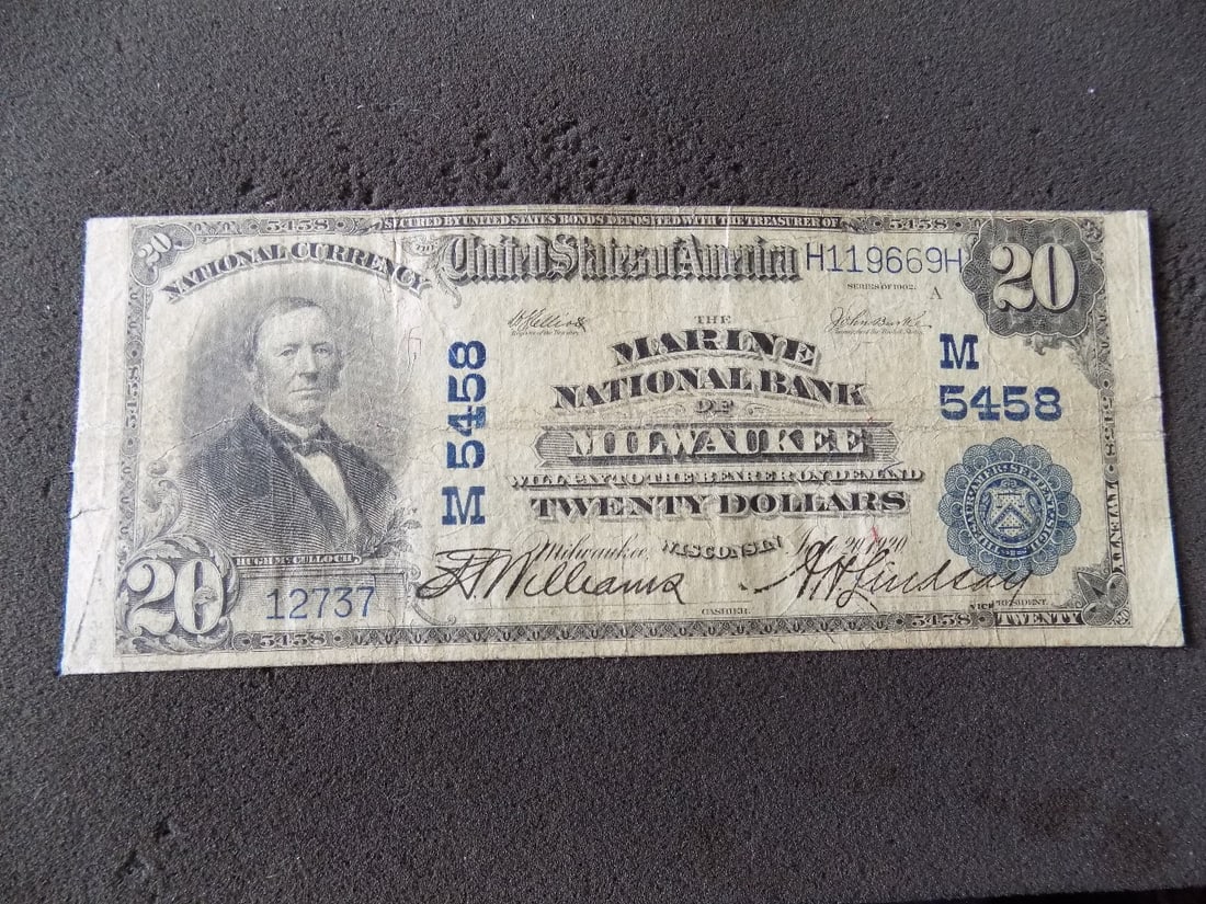 1920 Marine National Bank of Milwaukee Wisconsin $20: 1920 Marine National Bank of Milwaukee Wisconsin $20. Horse blanket bill.