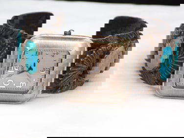 Vintage artist signed Native American Indian silver and turquoise mans watch band