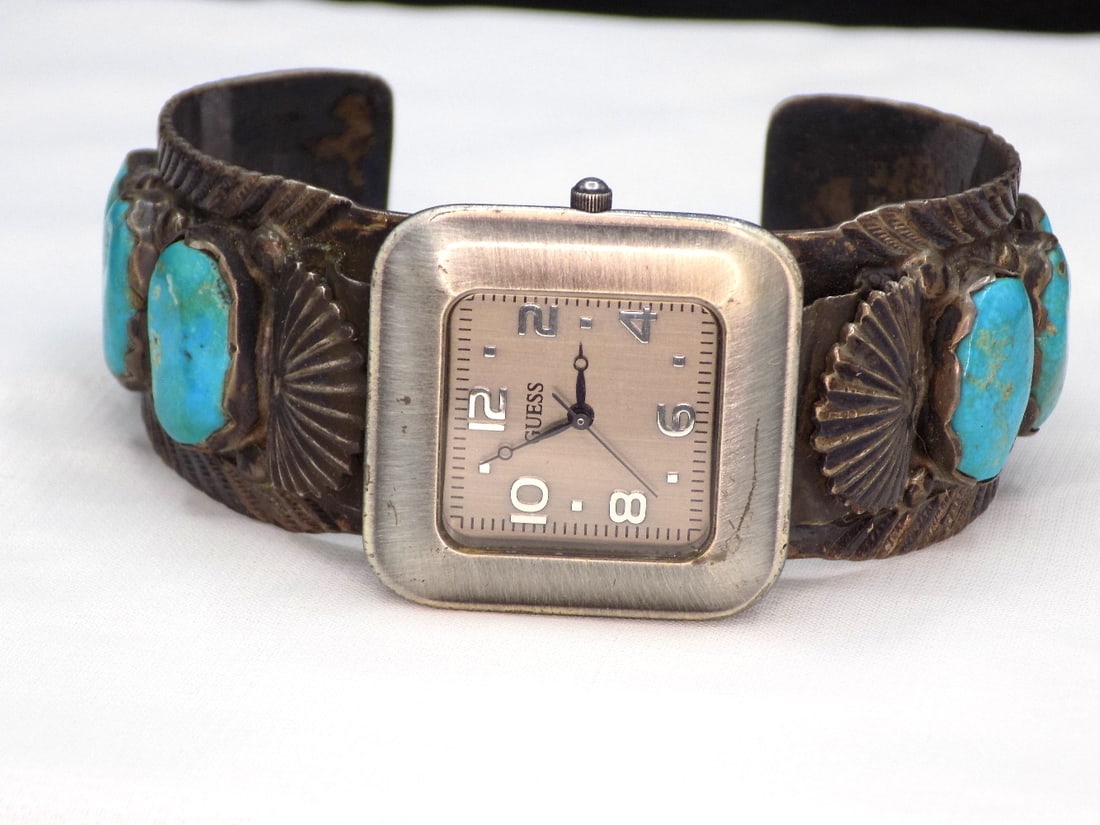 Vintage artist signed Native American Indian silver and turquoise mans watch band (1 of 6)