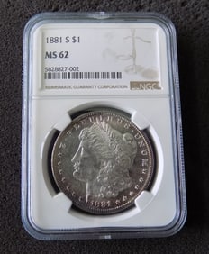 Uncirculated 1881 S MS62 Graded Morgan silver dollar by NGC