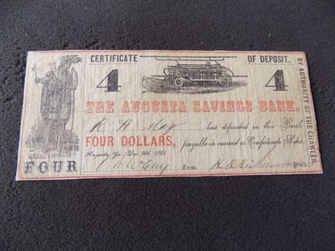 Civil War 1861 $4.00 certificate of deposit Augusta Savings Bank Augusta.