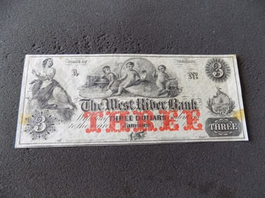 1860s $3.00 bank note West River Bank Jamaice Vermont.