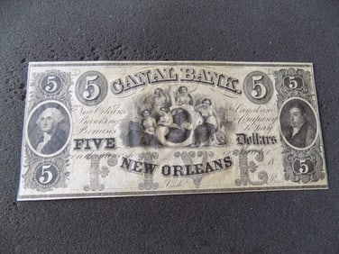 1800s Canal Bank of New Orleans $5.00 Remainder Note.