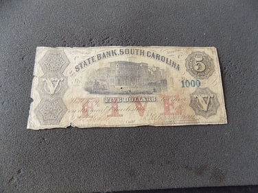 1855 $5.00 bank note State Bank of South Carolina
