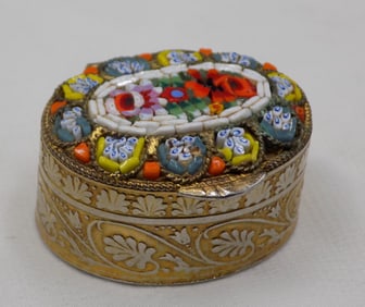 2 vintage pill boxes,. Micro mosaic, and  hand painted hunting scene.