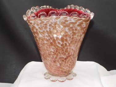 Vintage Murano gold dust on white overlay cranberry vase