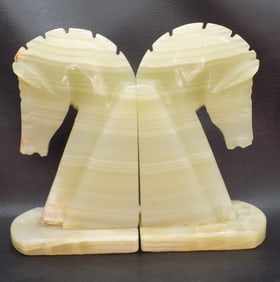 Handsome pair of vintage alabaster or onyx horse head bookends