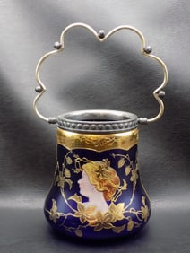 Art Nouveau gold decorated cobalt blue art glass biscuit or cracker jar
