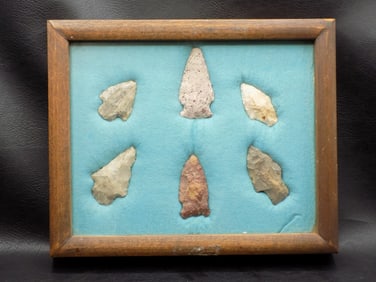 Framed box of Native American Indian prehistoric arrowheads