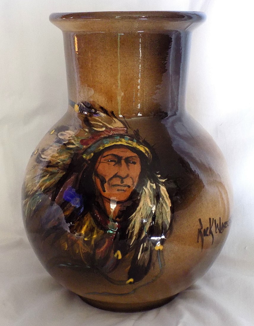 Native american signed Rick Wisecarver hand painted Vase with chief (1 of 7)