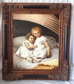 Great vintage picture frame with charming oil painting of two small girls.