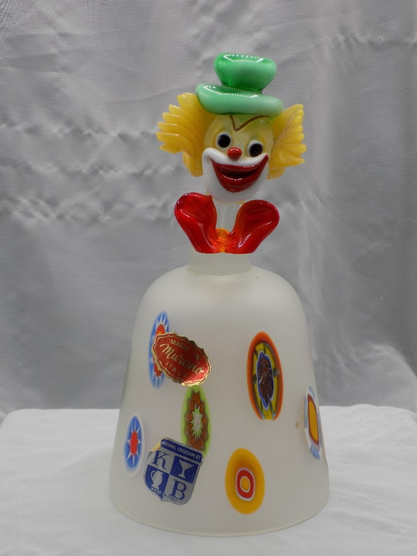 Vintage Murano millefiori art glass clown: Vintage Murano millefiori art glass clown. Original paper labels. Beautiful colors. This was never a bell. Great quality and detail. In very good original condition. 6 ½ inches tall.
