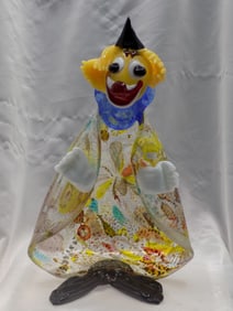 Elaborate internally decorated art glass bowl standing clown