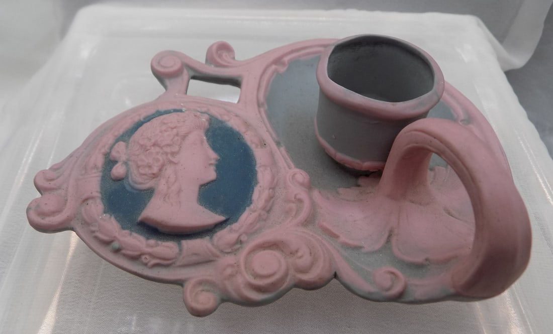 Vintage Art Nouveau Shaffer and Vader finger candlestick holder with portrait: Vintage Art Nouveau Shaffer and Vader finger candlestick holder with portrait. Marked as shown in phot. Beautiful colors. Great quality and detail. In very good original as found condition. 5 ¼