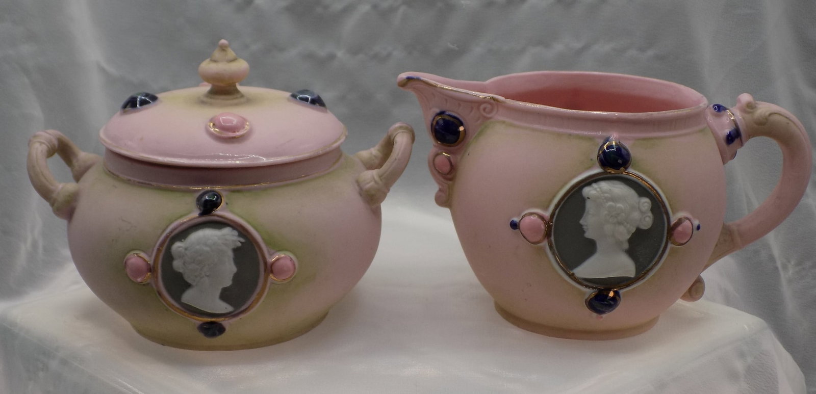 Vintage Art Nouveau Shaffer and Vader creamer and sugar bowl with portraits: Vintage Art Nouveau Shaffer and Vader creamer and sugar bowl with portraits. Marked on bottoms as shown in photos. Beautiful colors. Great quality and detail. In very good original as found condition.